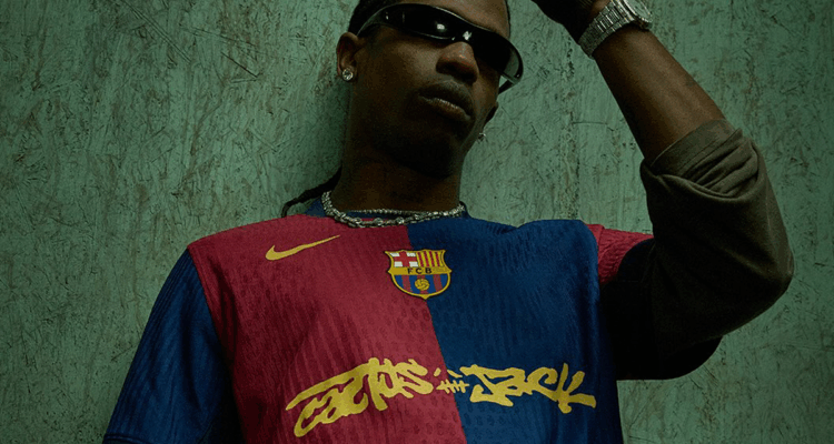 FC Barcelona thuisshirt met geel Travis Scott-logo